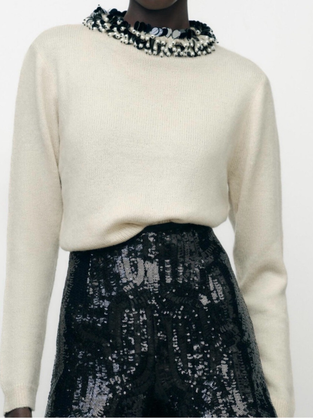 🦙 Alpaca Blend Zara Cream Crewneck Sweater with Jeweled Collar